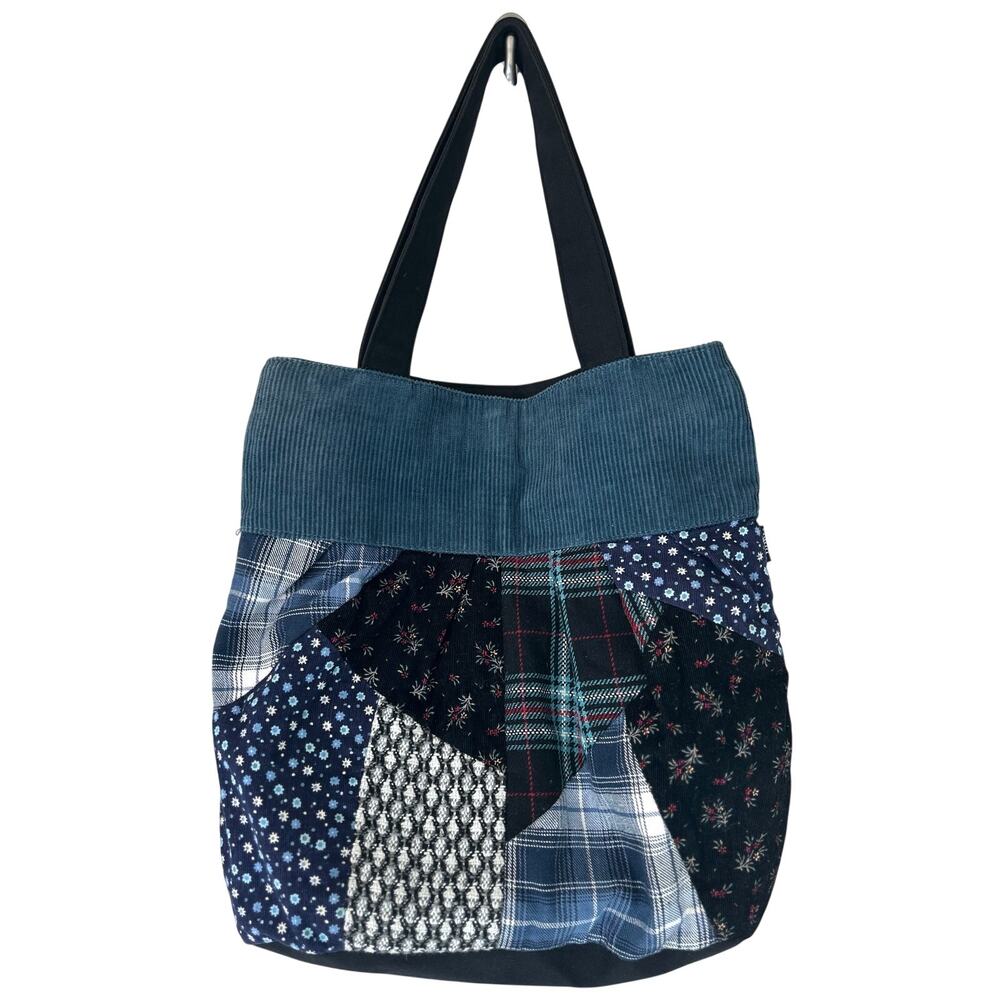 Vintage Mudd Patchwork Tote Bag Blue Plaid Floral Corduroy Trim Boho Cottagecore